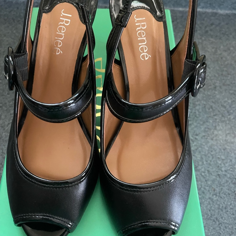 J.Renee Black Peep-Toe Heels with Buckle Strap